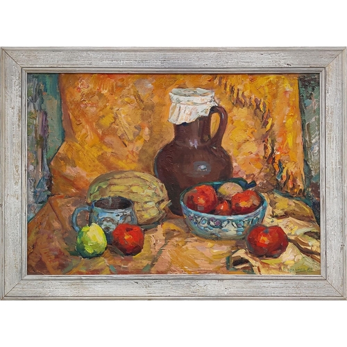 76 - ALEXEI VARLAMOV (1920-2000), 'Watermelon and Apples', oil on canvas, 49cm x 69cm.