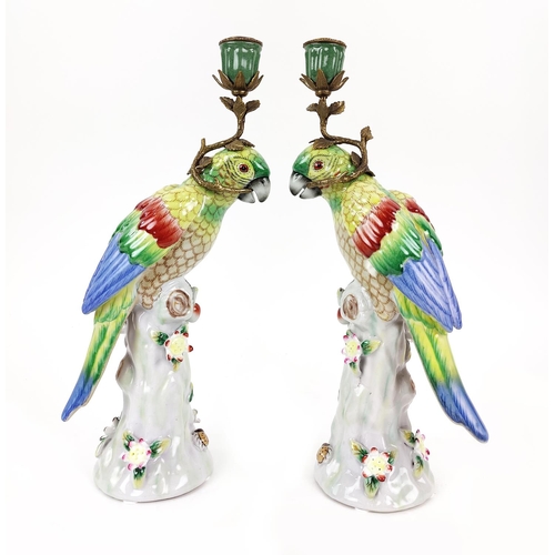 369 - PARROT CANDLESTICKS, a pair, ceramic and gilt metal, 35cm H. (2)