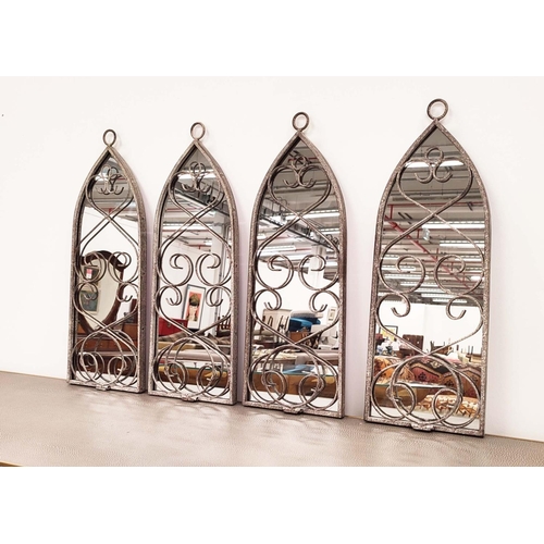 371 - GARDEN MIRRORS, a set of four, metal arched frames with plant pot holders, 55cm H x 21cm W. (4)