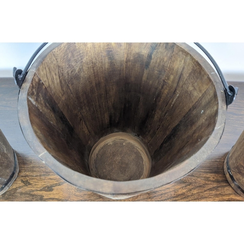 373 - BUCKETS, a set of three, wood and metal, 40cm H x 31cm W. (3)