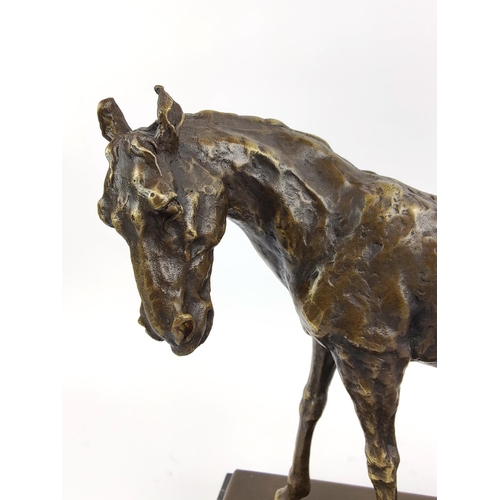 376 - CONTEMPORARY SCHOOL HORSE SCULPTURE, in bronze, 36cm H x 33cm L x 20cm W.