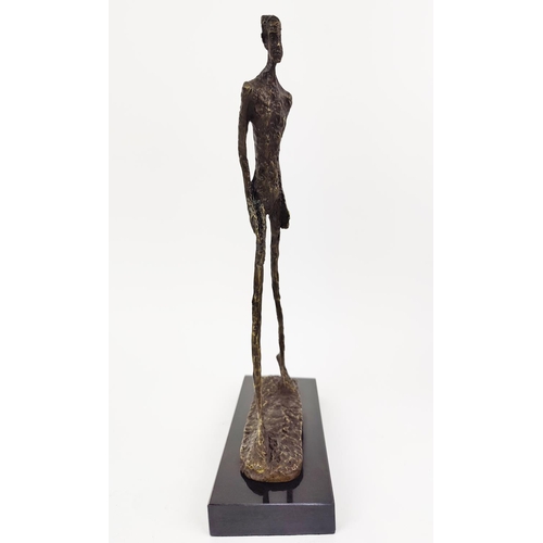 377 - CONTEMPORARY SCHOOL SCULPTURE, bronze of an elongated figure, 45cm H x 28cm L x 11cm W.