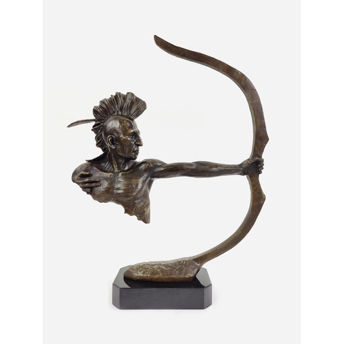 378 - CONTEMPORARY SCHOOL SCULPTURE, in bronze, of a native American archer, 42cm H x 34cm L.