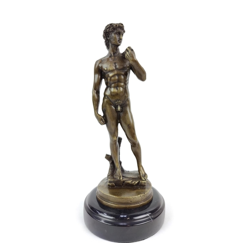 379 - CONTEMPORARY SCHOOL SCULPTURE, bronze, of David on a marble base, 28cm H.