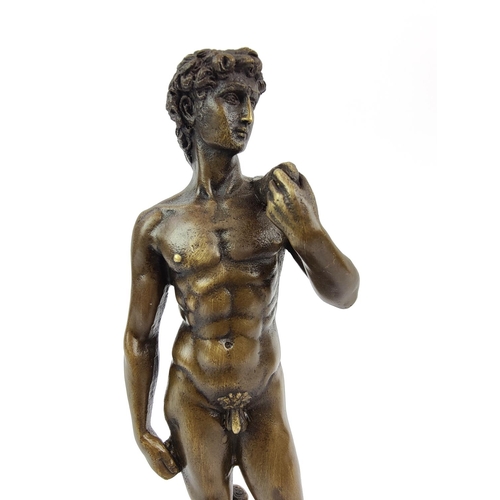 379 - CONTEMPORARY SCHOOL SCULPTURE, bronze, of David on a marble base, 28cm H.