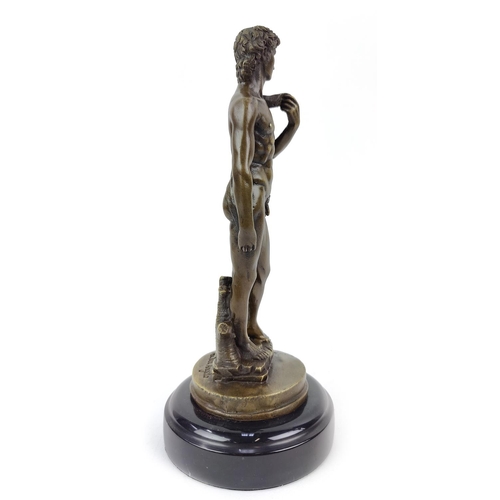 379 - CONTEMPORARY SCHOOL SCULPTURE, bronze, of David on a marble base, 28cm H.