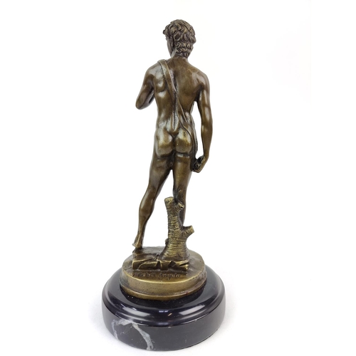 379 - CONTEMPORARY SCHOOL SCULPTURE, bronze, of David on a marble base, 28cm H.