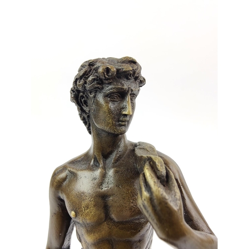 379 - CONTEMPORARY SCHOOL SCULPTURE, bronze, of David on a marble base, 28cm H.