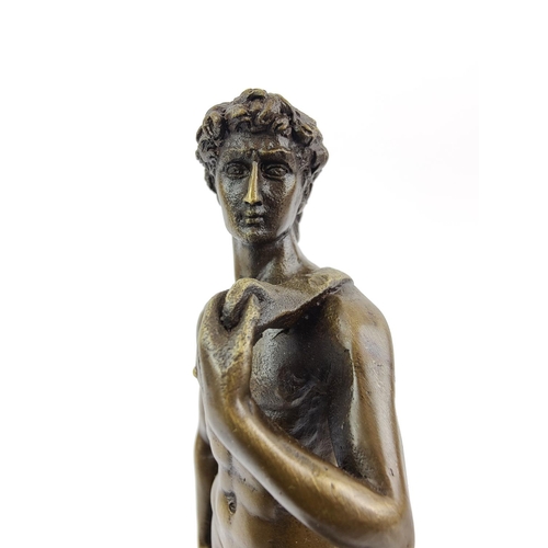 379 - CONTEMPORARY SCHOOL SCULPTURE, bronze, of David on a marble base, 28cm H.