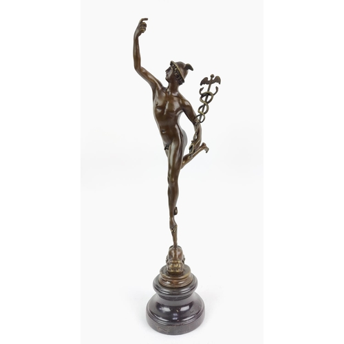 380 - CONTEMPORARY SCHOOL SCULPTURE, bronze, of mercury on marble base, 57cm H.