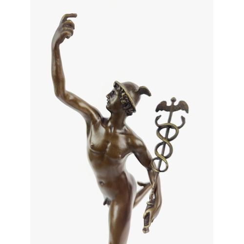 380 - CONTEMPORARY SCHOOL SCULPTURE, bronze, of mercury on marble base, 57cm H.