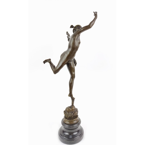 380 - CONTEMPORARY SCHOOL SCULPTURE, bronze, of mercury on marble base, 57cm H.