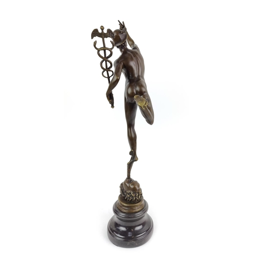 380 - CONTEMPORARY SCHOOL SCULPTURE, bronze, of mercury on marble base, 57cm H.