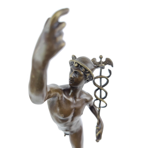 380 - CONTEMPORARY SCHOOL SCULPTURE, bronze, of mercury on marble base, 57cm H.