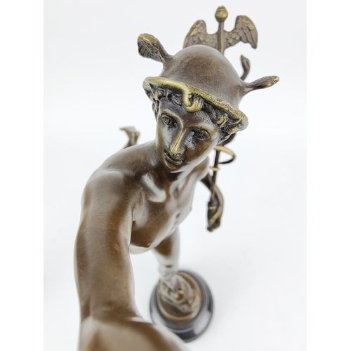 380 - CONTEMPORARY SCHOOL SCULPTURE, bronze, of mercury on marble base, 57cm H.