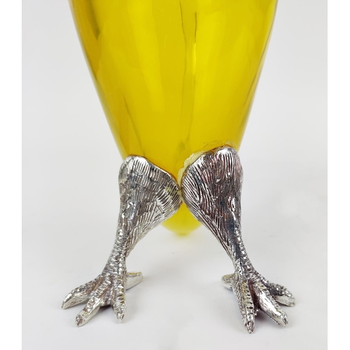 381 - CLARET JUG, in the form of a parrot, polished metal and yellow glass, 27cm H.