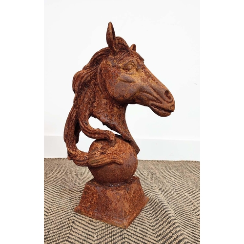 383 - HORSE HEADS, a pair, cast metal in an oxidised finish, 46cm H. (2)