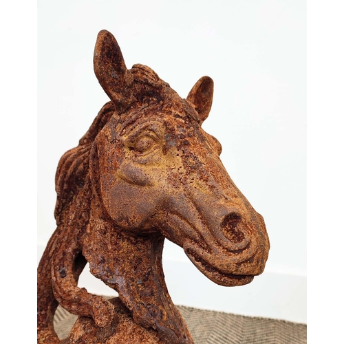 383 - HORSE HEADS, a pair, cast metal in an oxidised finish, 46cm H. (2)