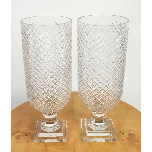 387 - HURRICANE LANTERNS, a pair, cut glass, 40cm H. (2)