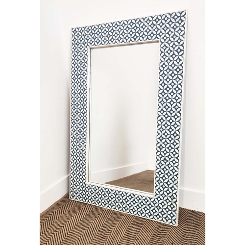 394 - WALL MIRROR, Moroccan style inlaid finish, 111cm x 71cm.