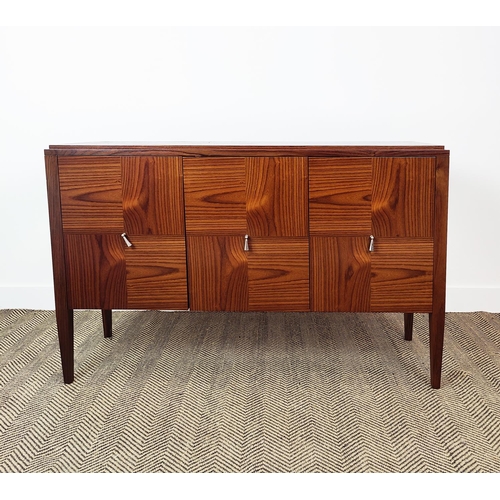 398 - SIDEBOARD, with three doors and parquetry detail, 130cm W x 40cm D x 84cm H.