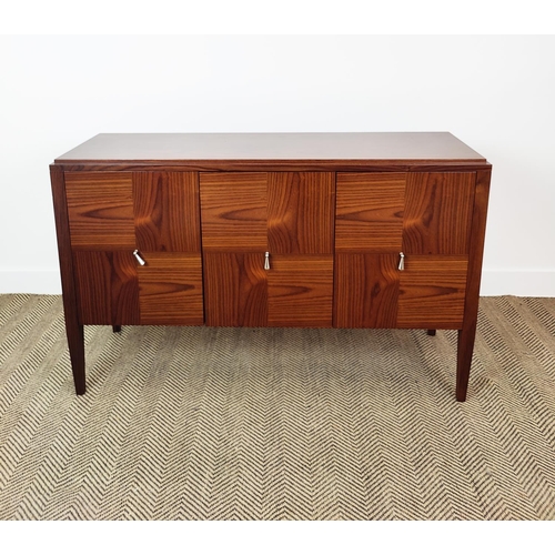 398 - SIDEBOARD, with three doors and parquetry detail, 130cm W x 40cm D x 84cm H.