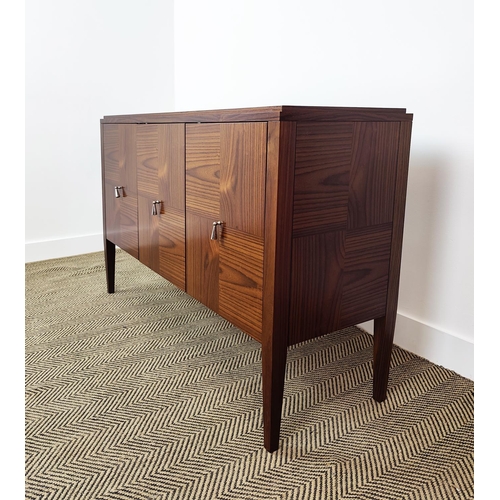 398 - SIDEBOARD, with three doors and parquetry detail, 130cm W x 40cm D x 84cm H.