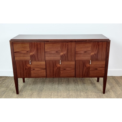 399 - SIDEBOARD, with three doors and parquetry detail, 130cm W x 40cm D x 84cm H.