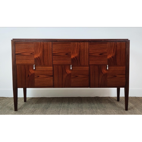 399 - SIDEBOARD, with three doors and parquetry detail, 130cm W x 40cm D x 84cm H.