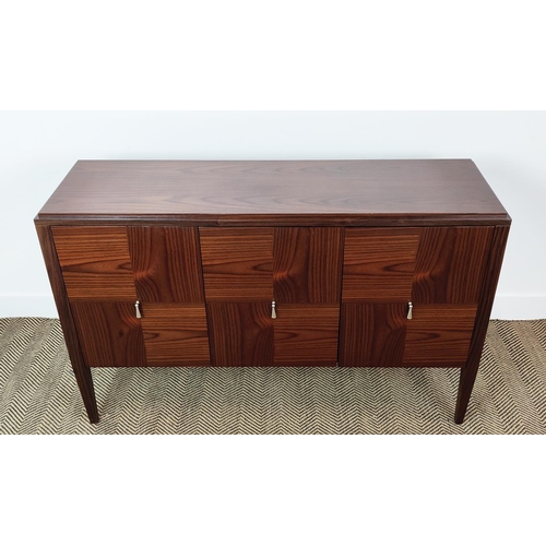 399 - SIDEBOARD, with three doors and parquetry detail, 130cm W x 40cm D x 84cm H.