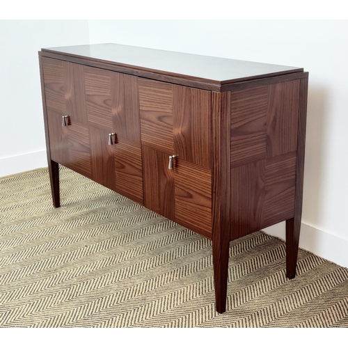 399 - SIDEBOARD, with three doors and parquetry detail, 130cm W x 40cm D x 84cm H.