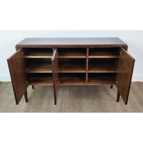 399 - SIDEBOARD, with three doors and parquetry detail, 130cm W x 40cm D x 84cm H.