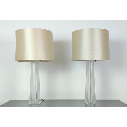 400 - TABLE LAMPS, a pair, glass, each 76cm tall overall including shade, wired as one.