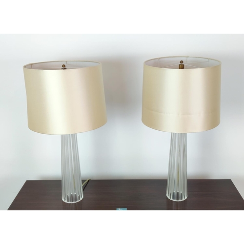 400 - TABLE LAMPS, a pair, glass, each 76cm tall overall including shade, wired as one.