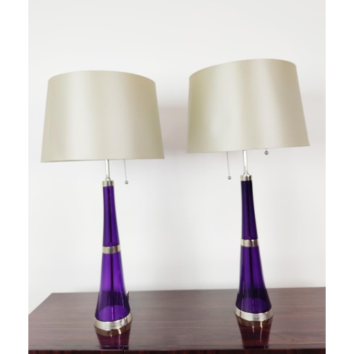 401 - TABLE LAMPS, a pair, purple glass, each 85cm H overall, including shade. (2)