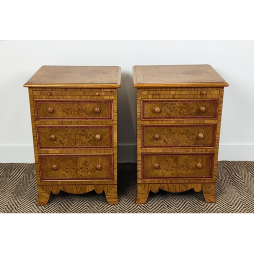 158 - BEDSIDE CHESTS, a pair, Victorian style oak with brushing slide over three graduated drawers, 66cm H... 