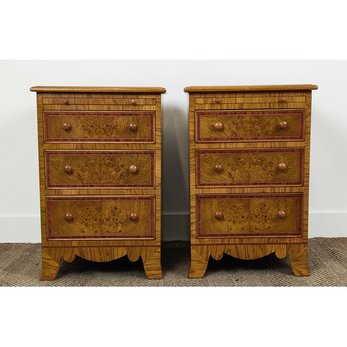 158 - BEDSIDE CHESTS, a pair, Victorian style oak with brushing slide over three graduated drawers, 66cm H... 