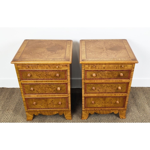 158 - BEDSIDE CHESTS, a pair, Victorian style oak with brushing slide over three graduated drawers, 66cm H... 