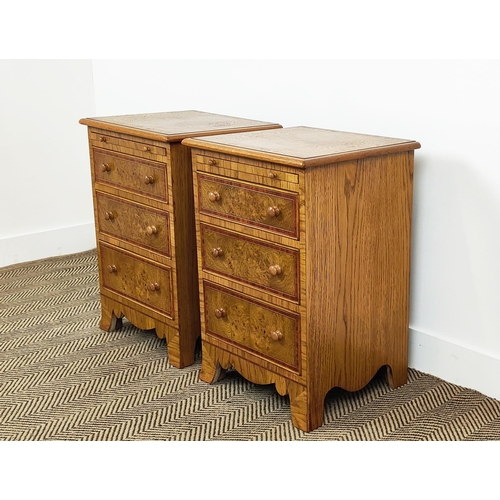 158 - BEDSIDE CHESTS, a pair, Victorian style oak with brushing slide over three graduated drawers, 66cm H... 