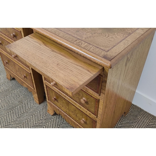 158 - BEDSIDE CHESTS, a pair, Victorian style oak with brushing slide over three graduated drawers, 66cm H... 