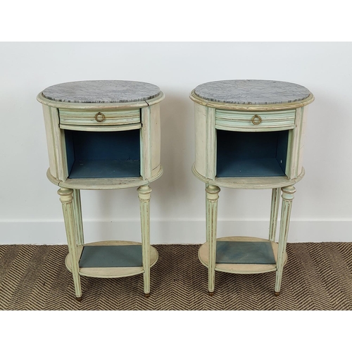 197 - TABLES DU NUIT, a pair, late 19th century French painted with single drawer, open shelves and oval i... 