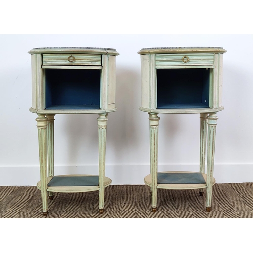 197 - TABLES DU NUIT, a pair, late 19th century French painted with single drawer, open shelves and oval i... 