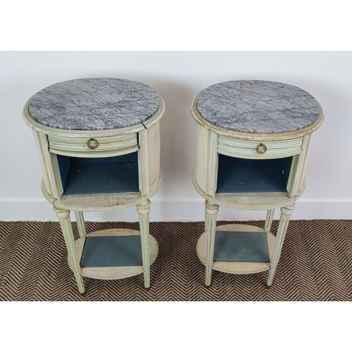 197 - TABLES DU NUIT, a pair, late 19th century French painted with single drawer, open shelves and oval i... 