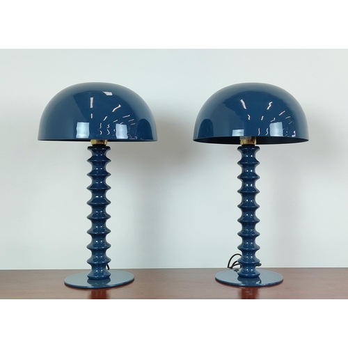 366 - MUSHROOM TABLE LAMPS, a pair, 1960s style blue metal, 53cm H. (2)