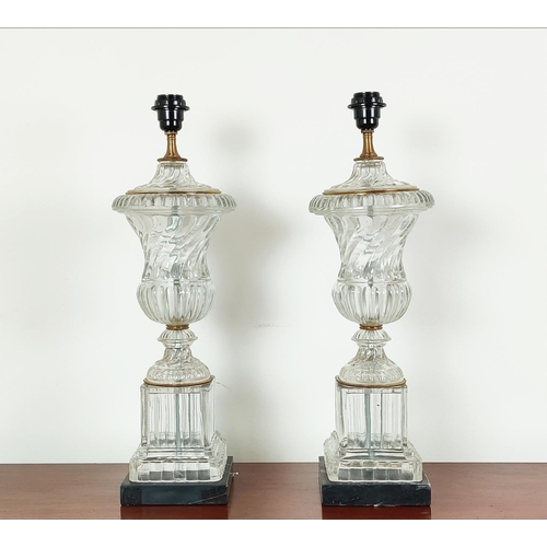 384 - TABLE LAMPS, a pair, spiral glass urn form, 58cm H. (2)