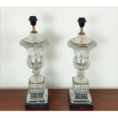 384 - TABLE LAMPS, a pair, spiral glass urn form, 58cm H. (2)