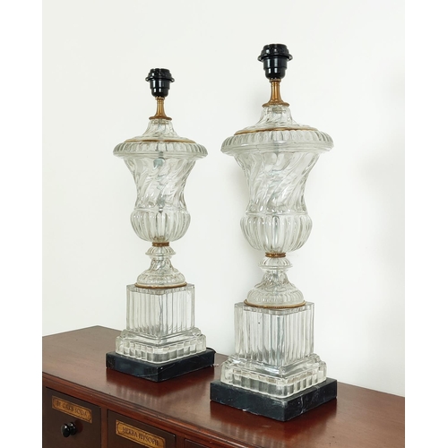 384 - TABLE LAMPS, a pair, spiral glass urn form, 58cm H. (2)