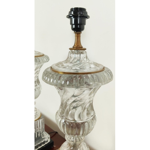 384 - TABLE LAMPS, a pair, spiral glass urn form, 58cm H. (2)