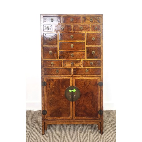 401 - MEDICINE CHEST, Chinese huang huali and burr walnut with eighteen drawers above two doors, 153cm H x... 