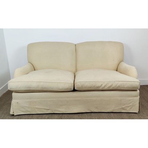 418 - SOFA, Howard style in cream fabric on beech legs and castors, 90cm H x 184cm W x 107cm D.